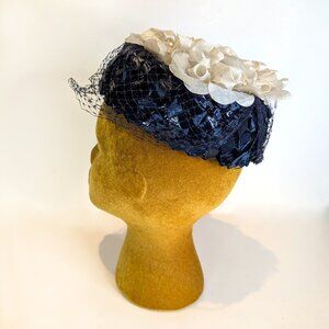 Vintage Hat, Women's Pill Box Style Woven Ribbons with Netting, 1940's Era